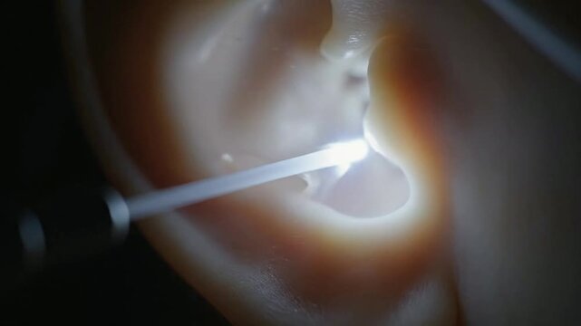 Detailed Close-Up Examination Of Ear Canal With Otoscope And Light During Medical Inspection For Health Evaluation