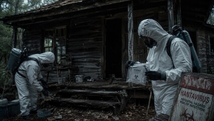 Fototapeta premium Hazmat team investigating abandoned cabin with hantavirus contamination and biohazard infection risk