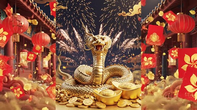 Golden Snake Chinese New Year Celebration with Fireworks and Lanterns.