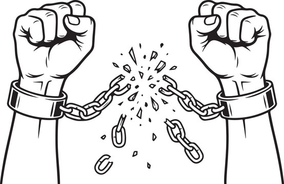 Pair of hands breaking metal chains in a powerful gesture of freedom and liberation with liberation