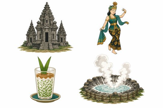 Pixel Art Collection of Indonesian Cultural Icons: Temple, Dancer, Drink, and Hot Spring