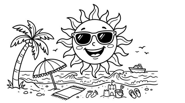 Smiling Sun with Sunglasses Cartoon Illustration for Coloring Book.