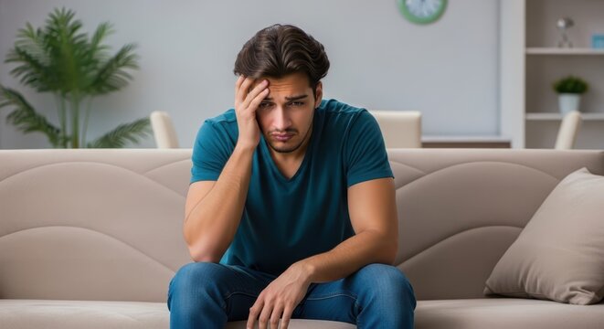 Young man sitting on a couch with hand on forehead expressing distress and worry indoors
