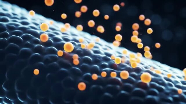 Detailed Close-Up of Cellular Structure with Energetic Orange Particles Interacting in an Abstract Representation of Biology and Health Science