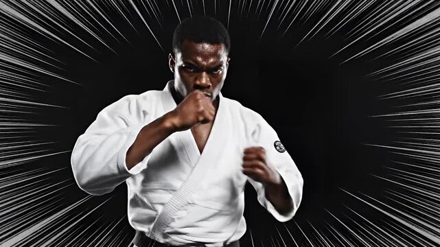 Martial Arts Fighter Delivering Powerful Punch with Dynamic Background.
