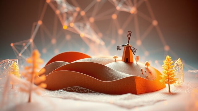 Orange landscape features stylized windmill, trees. Abstract polygonal network background creates futuristic vibe. Warm tones dominate composition.