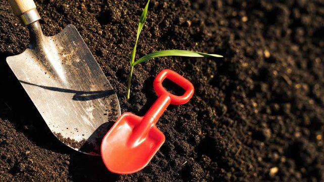 Metal shovel and plastic toy trowel placed in soil next to young green sprout. Gardening and agriculture work with environmental care for growth and development