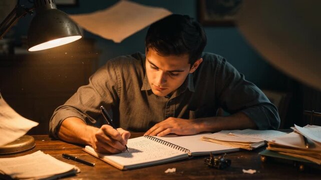 Focused young man writing notes at desk with vintage lamp and flying papers in cozy study room