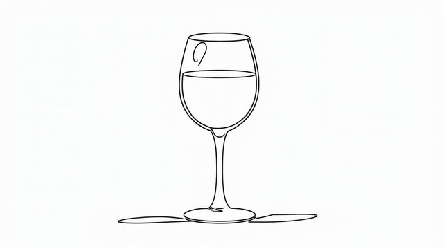 Minimalist one line drawing of a wine glass with water on a white background