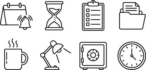 Fototapeta premium Time management and office productivity line icon set featuring scheduling, organization, deadlines, and workplace efficiency symbols