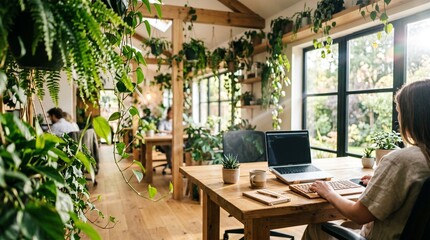 Fototapeta premium Woman working on laptop in a lush, plant-filled office with large windows