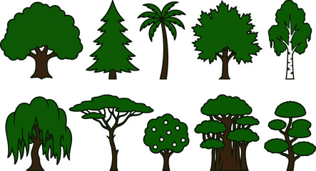 Various cartoon trees with different green leaves and brown trunks on white background © VectoLover