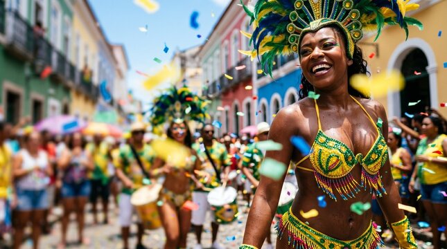Woman in carnival costume dancing with confetti in the street