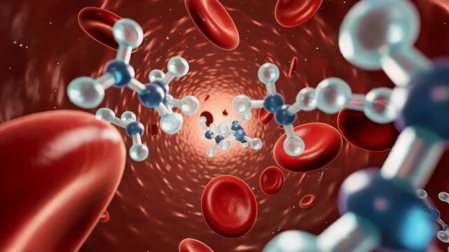 Close up view of red blood cells and molecular structures inside a blood vessel for medical and scientific research