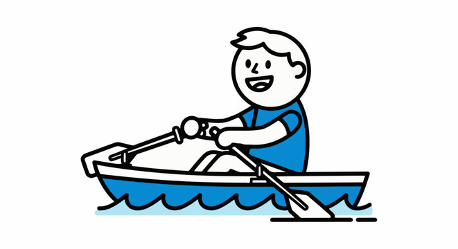 Happy young boy rowing small boat with oars outdoors.