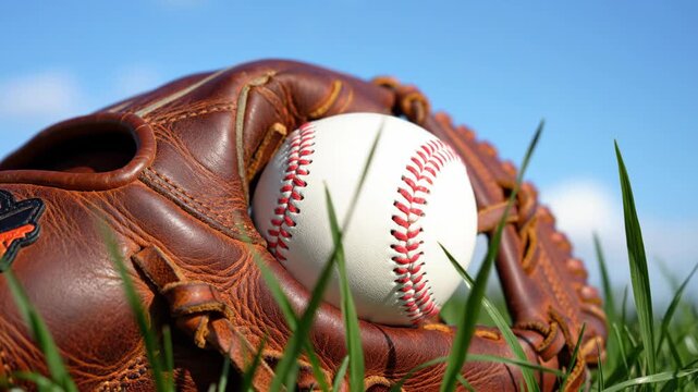 Baseball sitting in a leather fielder glove on green grass. Outdoor sports equipment placed on a lawn against a bright blue sky for amateur training session