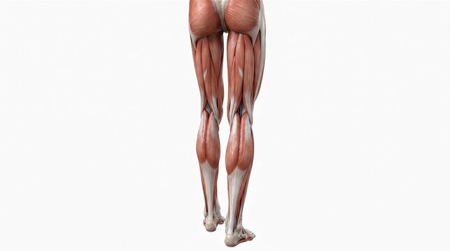 Human leg anatomy muscles, rear view, detailed muscle structure scene