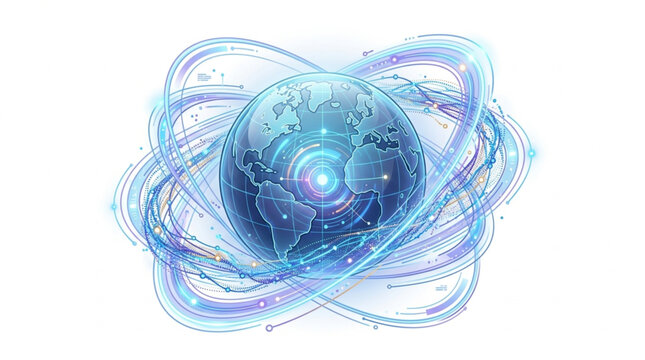 Abstract glowing atomic structure with orbiting electrons.