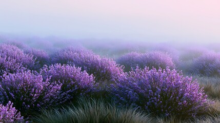 Fototapeta premium Purple flowering shrubs glowing softly in morning mist