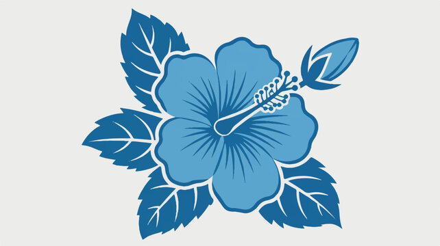 An illustration depicts a blue hibiscus flower with leaves on a neutral background