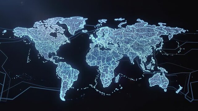 Digital glowing world map with network connections technology global data visualization