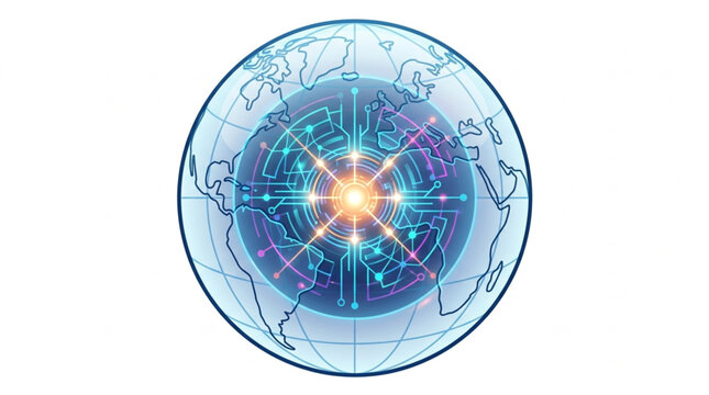 Abstract glowing sphere with digital circuits and world map.