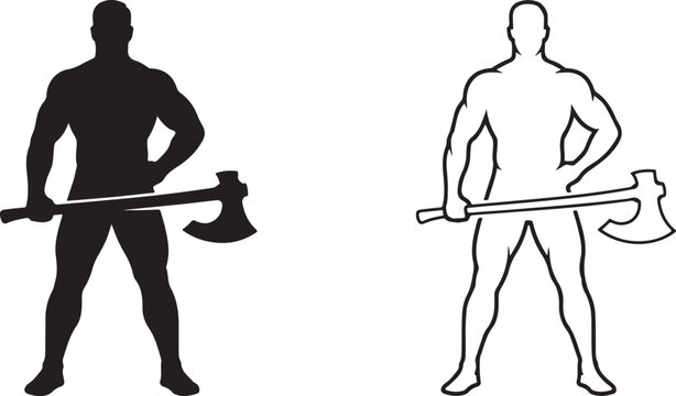 Silhouetted and outlined man holding axe with silhouette muscular bodybuilder lumberjack