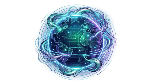 Abstract glowing sphere with swirling energy and digital patterns.