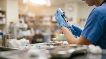 Fototapeta premium Nurse preparing a syringe with medication in a hospital setting