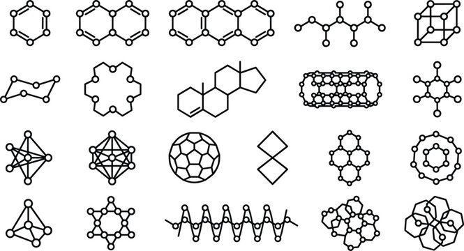 Scientific molecular structure line icon set featuring chemistry, nanotechnology, crystal lattices, and geometric research symbols