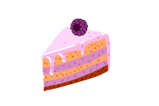 Blackberry pie Slice. Triangular piece cut from cake with blackberry. Flat vector illustration for dessert menus, bakery branding, fruit pastry advertising, and sweet treat packaging