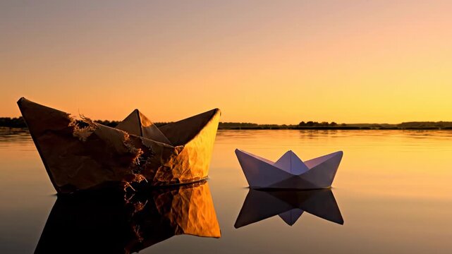 Large rustic paper boat near small white paper boat floating on calm water at sunset. Origami vessel on lake surface during golden hour for business concept
