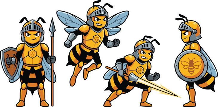 Angry Honey Bee Knight Warrior Mascot Vector Character SetAngry Honey Bee Knight Warrior Mascot Vector Character Set