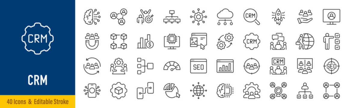 CRM web icons in line style. Customer relationship management, strategy, marketing, data, planning, manager, data analysis, collection. Vector illustration.