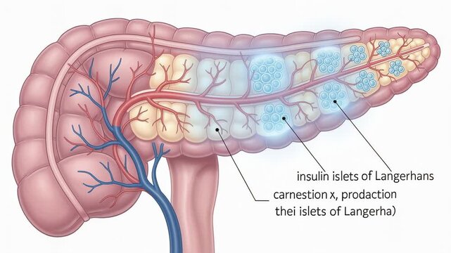 Detailed medical illustration of the human pancreas showing insulin islets of Langerhans and blood vessels