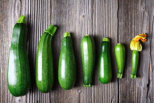 Assorted zucchini arranged in row on rustic background, fresh organic vegetables, farm harvest concept. Green squash top view, clean composition, healthy produce
