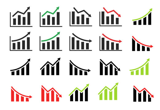 Business Growth and Decline Chart Icon Set with Bar Graph Arrows