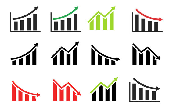 Business Growth and Decline Chart Icon Set with Bar Graph Arrows