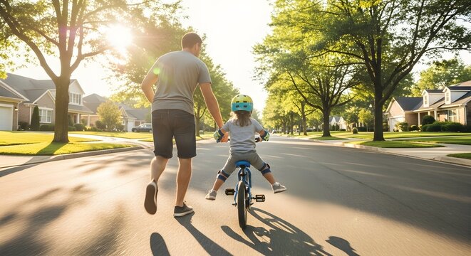 Happy fathers day dad running alongside son learning to ride bicycle