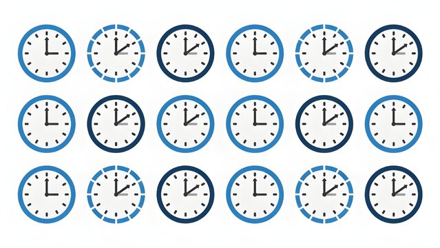Minimalist clock icon set with 18 blue analog timepieces, flat design wall clocks for schedule management, time zone and deadline symbols