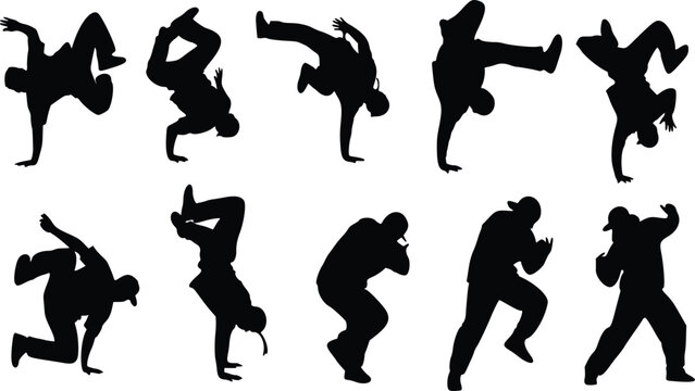 Breakdancing Silhouettes Dynamic Poses, Urban Dance, Hip Hop, Street Art Vector