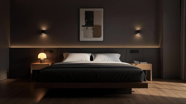 Modern bedroom interior with cozy lighting wooden furniture and minimalist decor for restful sleep