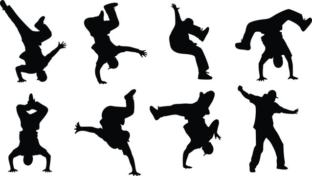 Breakdancing Silhouettes Dynamic Poses, Hip Hop Dance, Vector Illustration