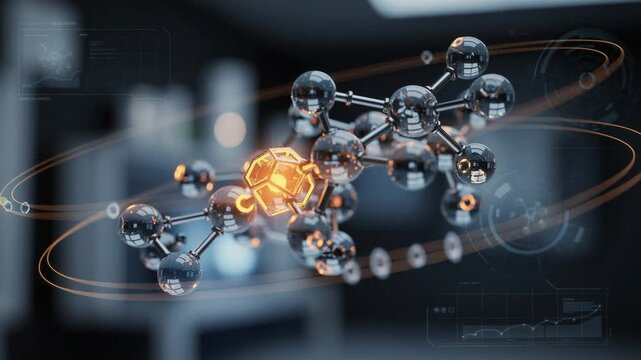 Futuristic glowing molecular structure with interconnected atoms and digital technology background