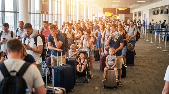 People waiting in a long line at airport check-in