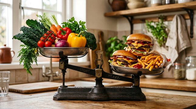 Health imbalance concept comparing nutritious and unhealthy eating habits