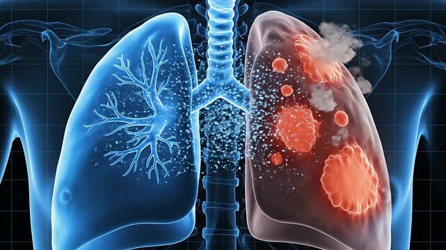 Digital Illustration Comparing Healthy Blue Lungs and Disease-Impacted Lungs with Tumors Representing Health Risks in Medical Education Visuals