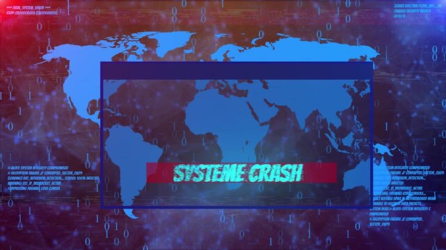 Futuristic Cyber Security HUD Screen Displaying A System Crash Warning Over A Blue World Map Background With Glitching Binary Code, Red Error Logs, And Security Alert Text Under Dramatic Dark Blue And