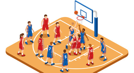 Basketball game action in isometric view vector illustration of a sports match with players in action on court © Purnomo Semlirick