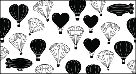 Seamless pattern of black and white hot air balloons, parachutes and airships on a white background design © Abida
